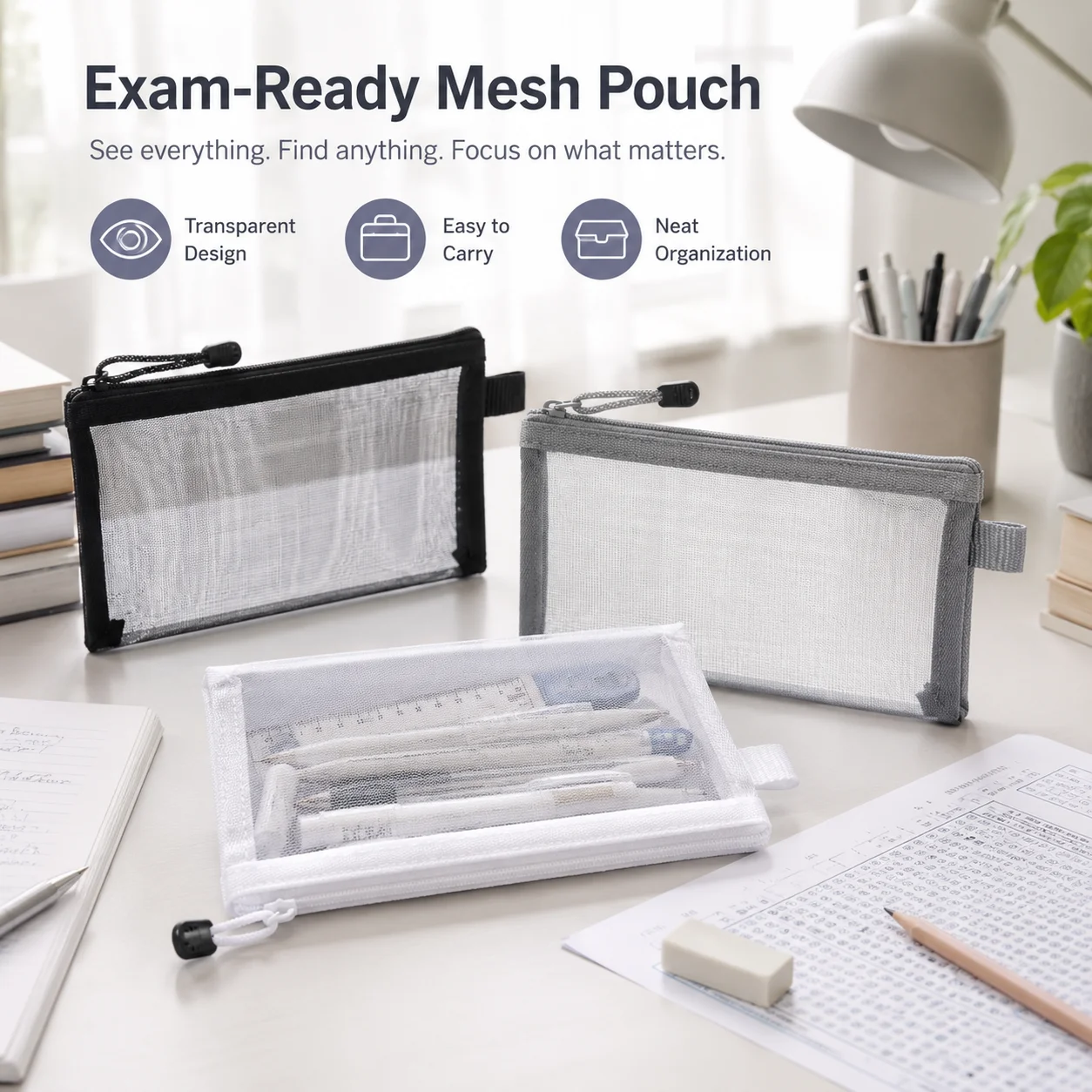 Clear Mesh Pencil Pouch For Exam - Przezroczysty piórnik z siatki, przezroczysta torba