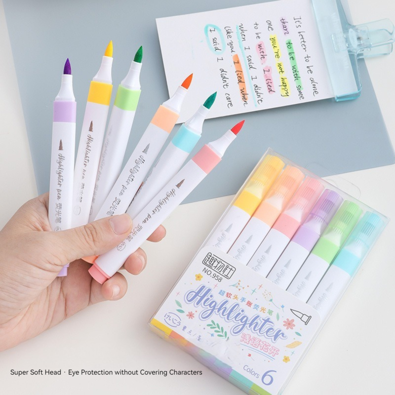 Pastel Highlighter Set Double Ended - 6 kolorów pastelowych zakreślaczy Zestaw pędzli