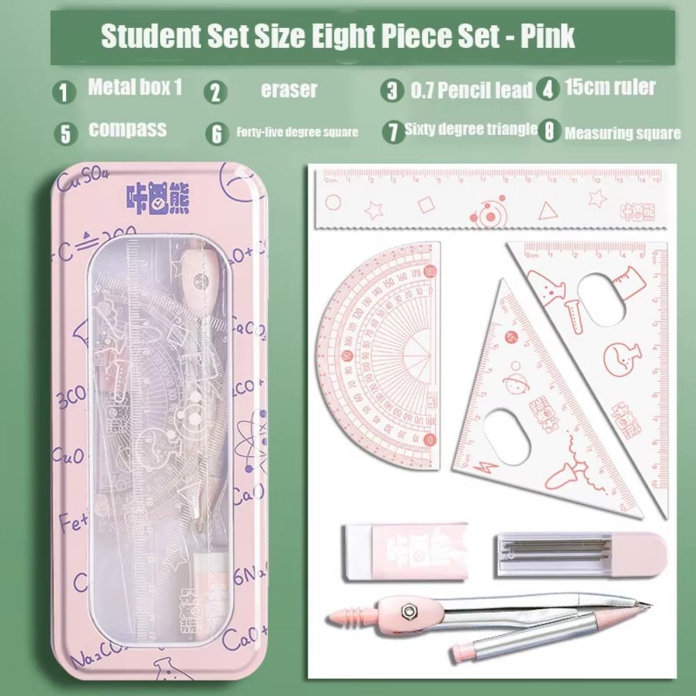 Math Geometry Set With Compass - 8-częściowy zestaw wielofunkcyjnych przyborów matematycznych i
