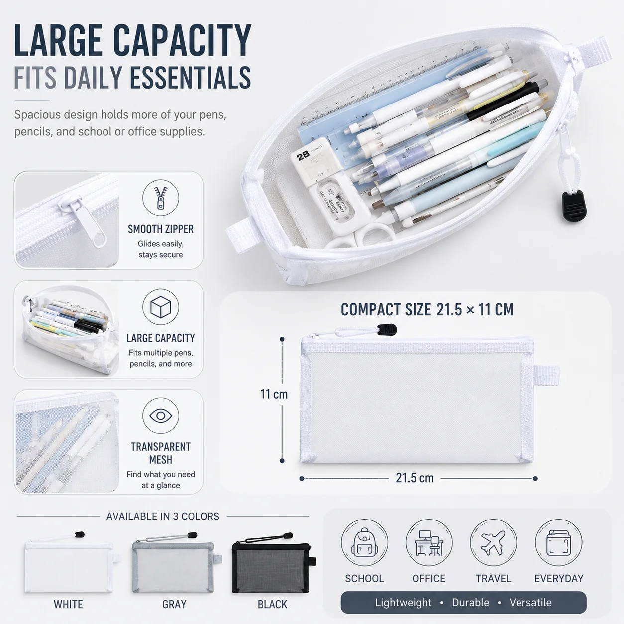 Clear Mesh Pencil Pouch For Exam - Przezroczysta siatkowa torba na długopisy, przezroczysty